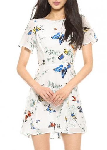 Rosewe Enchanting Short Sleeve Butterfly Print Cutout Pattern Mini Dress