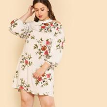 Shein Plus Flower Print Halter Neck Bishop Sleeve Dress