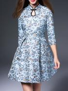 Shein Blue Hollow Flowers Jacquard A-line Dress