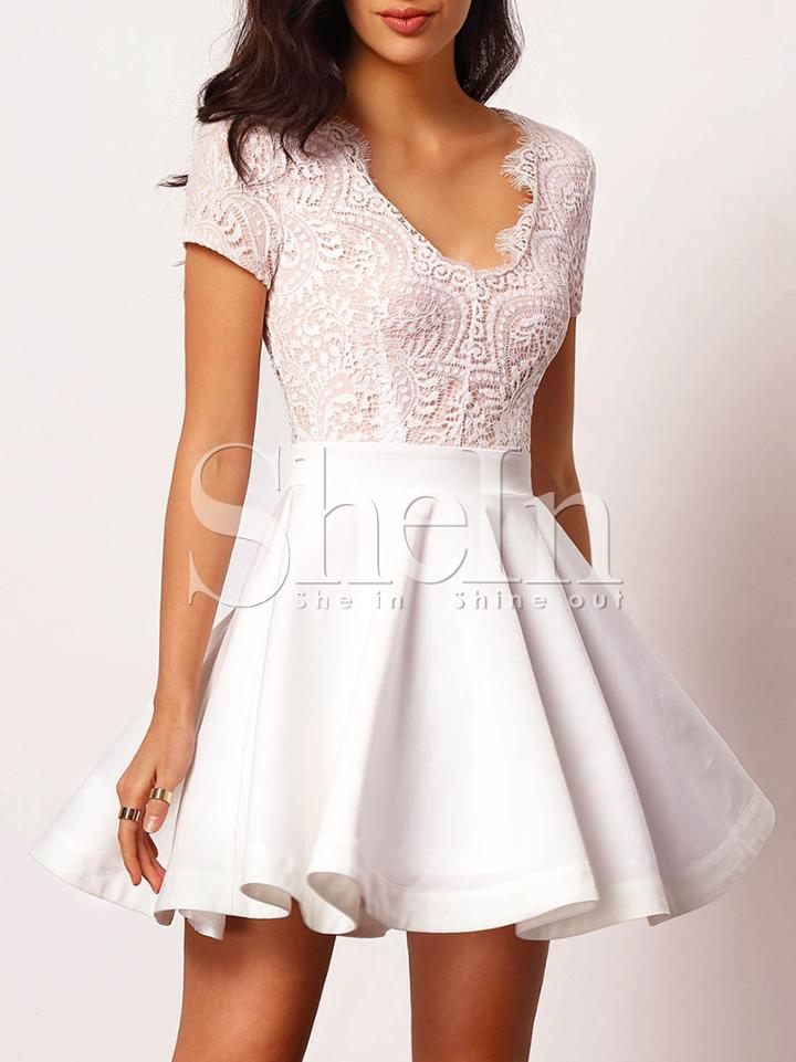 Shein White Lace Embroidered Cut Out Back Flare Dress