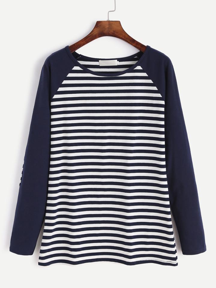 Shein Contrast Raglan Sleeve Elbow Patch Striped T-shirt