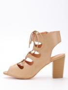 Shein Lace-up Block Heel Sandals - Beige