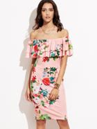 Shein Pink Floral Print Off The Shoulder Ruffle Dress