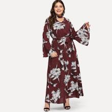 Shein Plus Floral Print Flounce Sleeve Halter Belted Dress