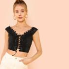 Shein Lace-up Front Lace Trim Eyelet Embroidered Crop Bardot Top