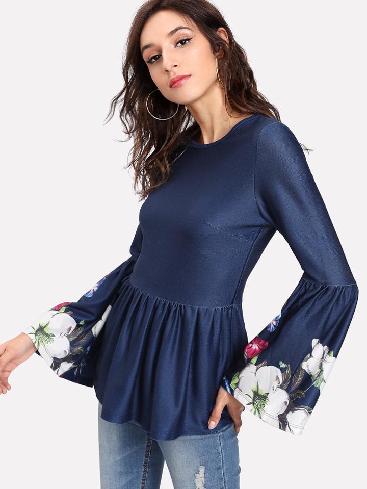 Shein Trumpet Sleeve Floral Peplum Top