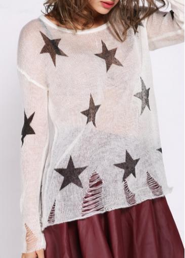 Rosewe Fascinating Star Print Round Semi Sheer White Sweaters