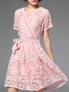 Shein Pink V Neck Tie-waist Lace Dress
