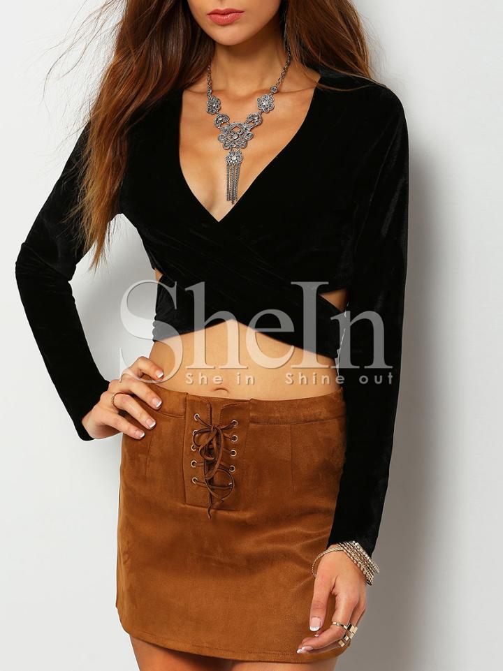 Shein Black Plunge Criss Cross Crop Blouse