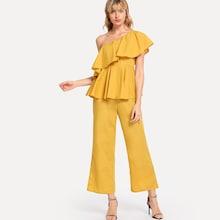 Shein One Shoulder Flounce Peplum Top & Wide Leg Pants Set