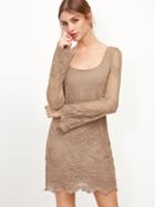 Shein Khaki Contrast Mesh Embroidered Sheath Dress