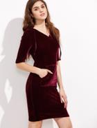 Shein Burgundy Half Sleeve Pocket Front Velvet Hoodie Dress