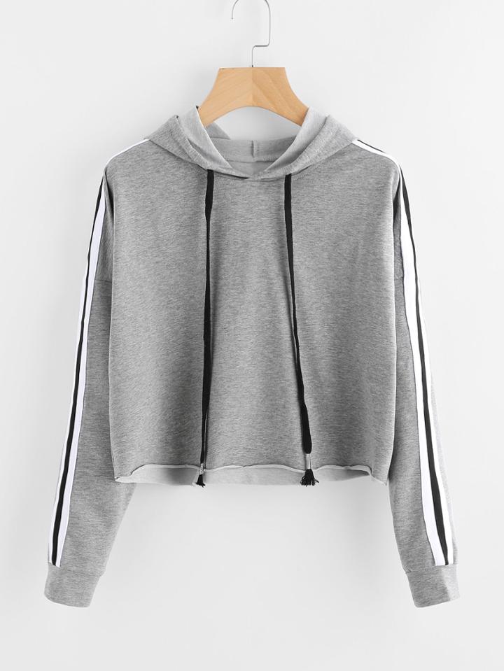 Shein Stripe Tape Drop Shoulder Raw Hem Marled Hoodie