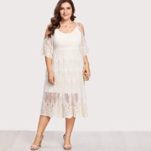 Shein Plus Embroidery Lace Overlay Open Shoulder Dress