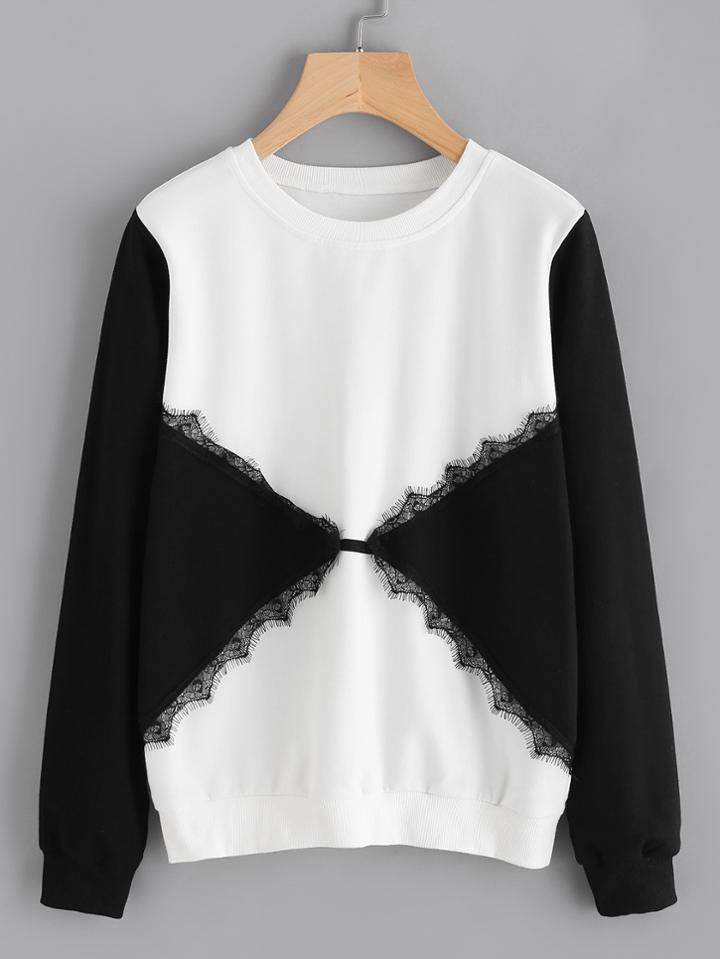 Shein Color Block Lace Trim Sweatshirt