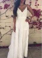 Rosewe White Lace Splicing Open Back Maxi Dress