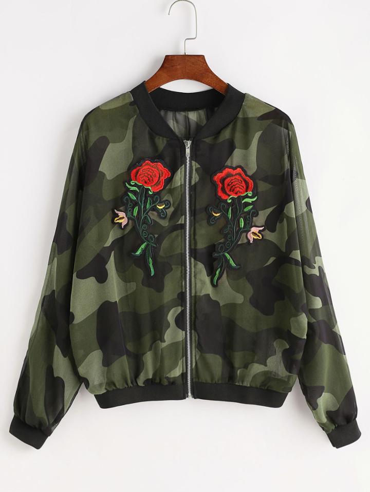 Shein Contrast Ribbed Trim Camo Print Appliques Chiffon Jacket