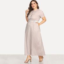 Shein Plus Button Front Polka Dot Belted Dress