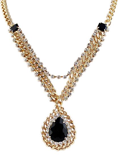 Shein Black Drop Gemstone Crystal Gold Chain Necklace