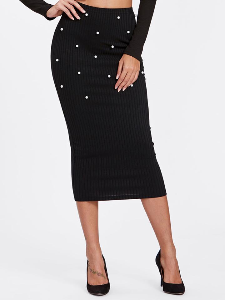 Shein Pearl Beading Rib Knit Fitted Skirt