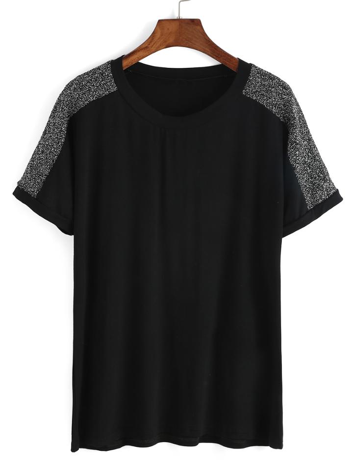 Shein Black Contrast Shoulder Crew Neck Loose T-shirt