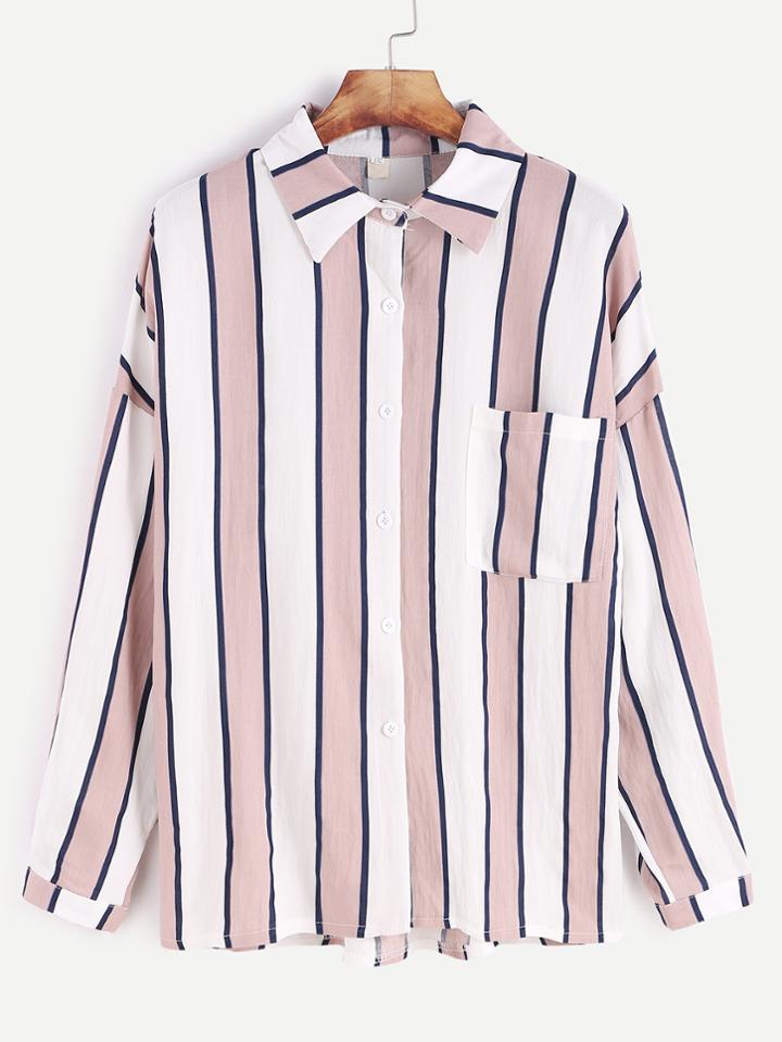 Shein Contrast Striped Drop Shoulder Pocket Shirt