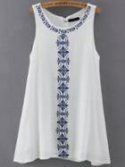 Shein White Sleeveless Embroidered Loose Dress