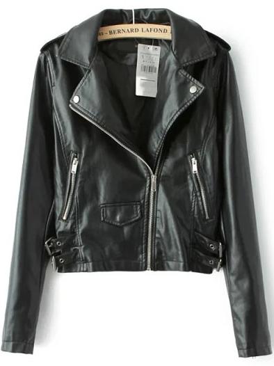 Shein Black Lapel Epaulet Zipper Crop Pu Jacket