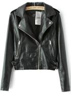 Shein Black Lapel Epaulet Zipper Crop Pu Jacket
