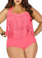 Rosewe Halter Design Fringe Decorated Pink Swimwear