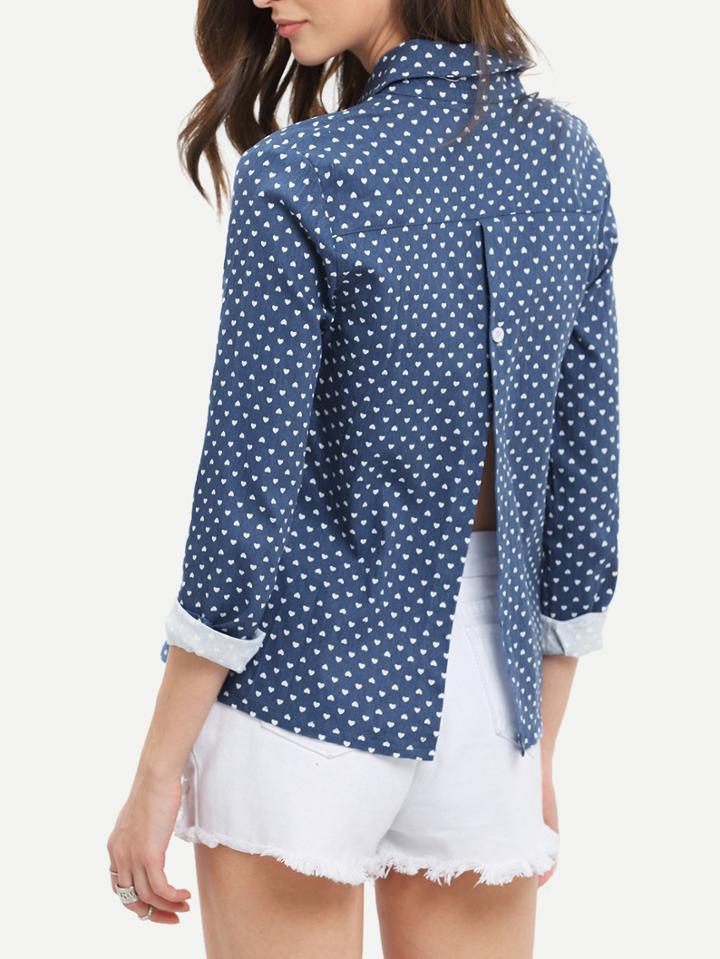 Shein Lapel Hearts Print Split Back Blouse