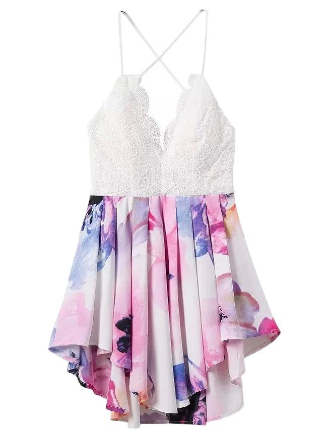 Shein Multicolor Print Lace Splicing Backless Spaghetti Strap Romper