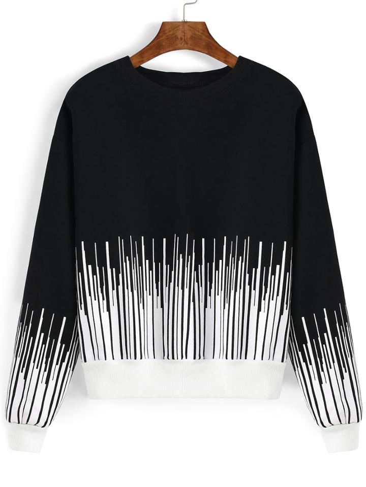 Shein Black White Round Neck Vertical Stripe Sweatshirt