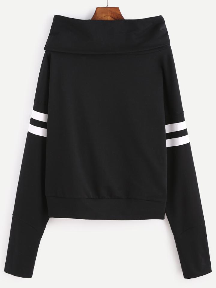 Shein Black Cowl Neck Varsity Striped Sleeve Sweatshirt