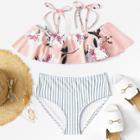 Shein Flower Print Striped Flounce Bikini Set