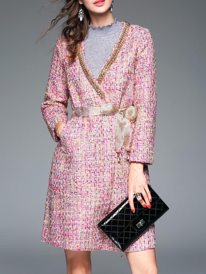 Shein Pink V Neck Tie-waist Pockets Coat