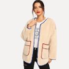 Shein Zip-up Pocket Detail Drop Shoulder Teddy Outerwear