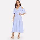 Shein Pearl Beading Cold Shoulder Striped Wrap Dress