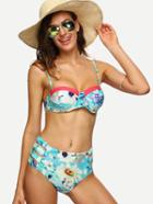 Shein Blue Flower Print Ladder-cutout Bikini Set