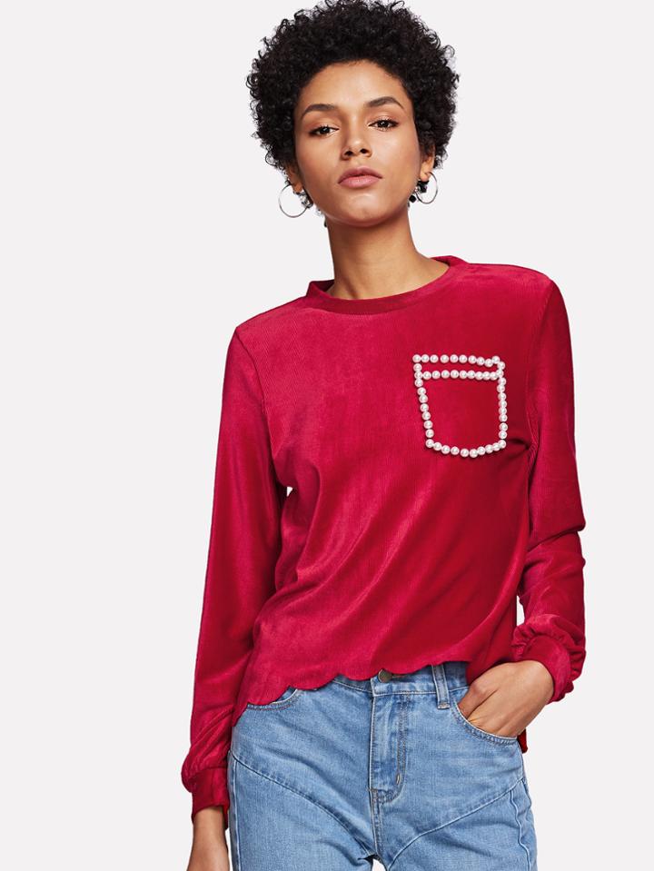 Shein Pearl Beading Scalloped High Low T-shirt