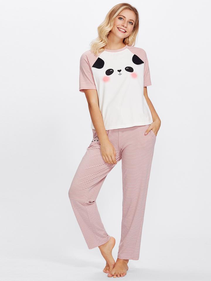 Shein Panda Print Raglan Sleeve Tee & Striped Pants Pj Set