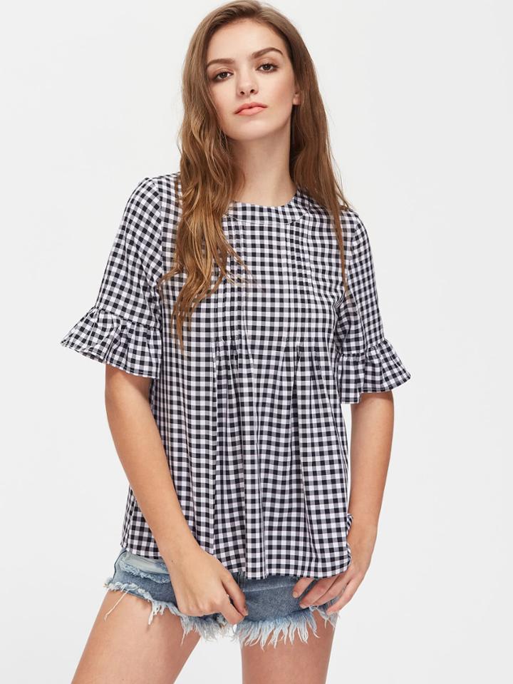 Shein Button Back Fluted Sleeve Double Pleated Checkered Top