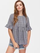 Shein Button Back Fluted Sleeve Double Pleated Checkered Top