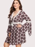 Shein Ornate Print Lace Insert Handkerchief Sleeve Dress