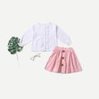 Shein Toddler Girls Frill Plain Blouse With Button Decoration Skirt