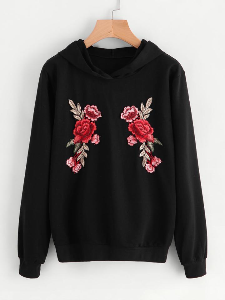 Shein Embroidered Rose Applique Hoodie