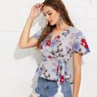 Shein Knot Side Floral Print Wrap Top
