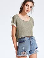 Shein Olive Green Heathered Roll Cuff High Low Crop Tee