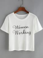 Shein White Crew Neck Letters Print Crop T-shirt