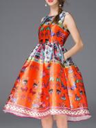 Shein Orange Crew Neck Print A-line Dress
